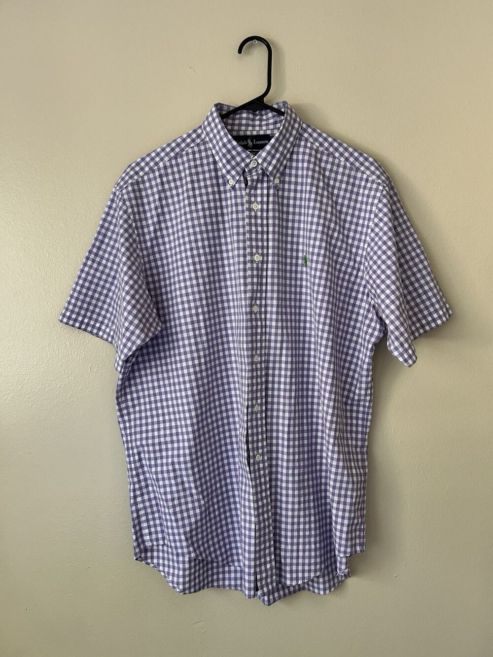 Vintage Ralph Lauren Gingham Check Short Sleeve Button Down Shirt Purple L Y2K